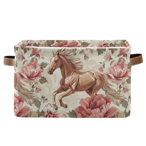 Running Horse and Rose Storage Bins with Handle Fabric Organizer Basket Foldable Box 1 Pack 14.2x10.2x8.3