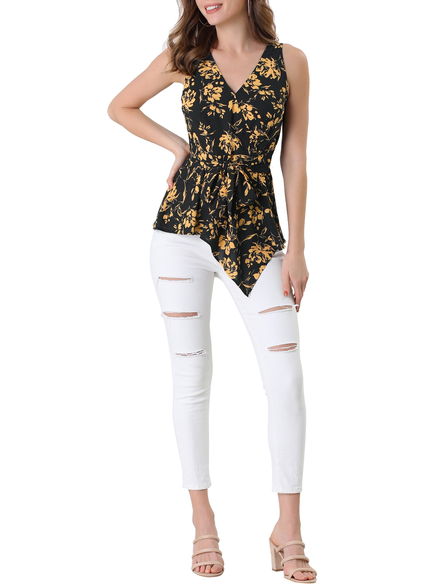 DARING DIVA Women's V Neck Sleeveless Wrap Peplum Tie Waist Top L Black Yellow