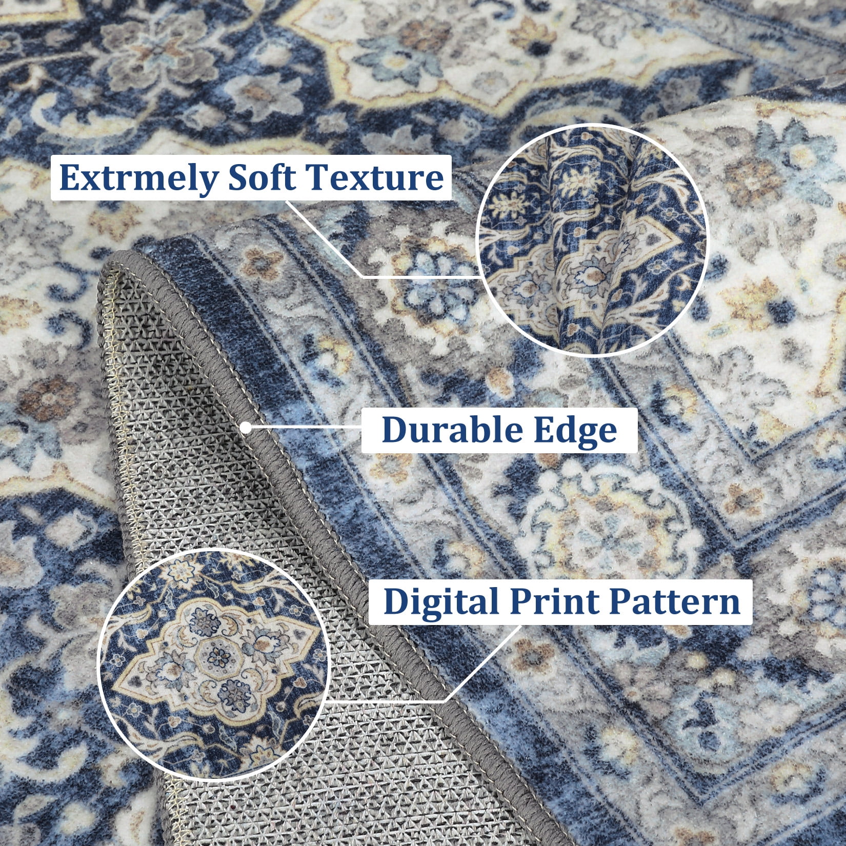 GlowSol 2' x 6' Kitchen Runner Rug Boho Vintage Floral Rugs Non Slip Bedroom Rugs for Laundry Room Hallway, Navy Blue