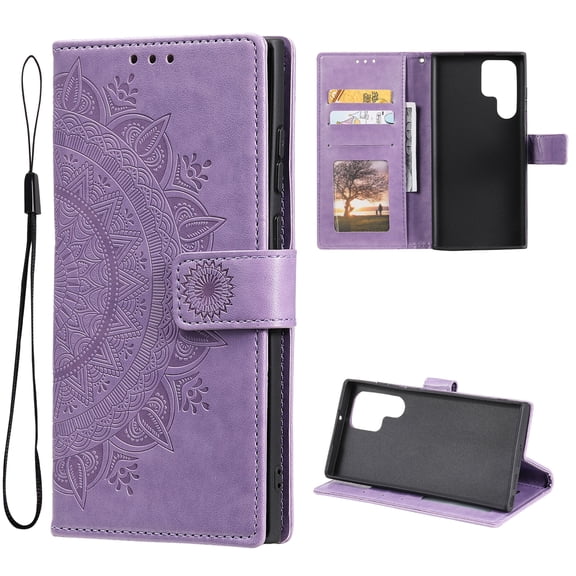 Allytechgroup Flip Cover Case for Samsung Galaxy S24 Ultra, Mandala Embossed Stand Cards Holder Folio Shockproof Hand Wrist Phone Case for Galaxy S24 Ultra, Purple