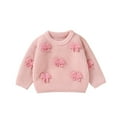 thumbnail image 3 of WRKEKC Girls Sweater Crewneck Cute Bow Applique Sweater Long Sleeve Soft Pullover with Ribbed Feminine Style for 6M - 3Y Toddlers Fall Winter, 3 of 6