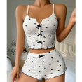 thumbnail image 3 of Contrast Color Slit Front Pajama Set - Adjustable Suspender & Heart Print Shorts, Stylish Two-Piece Sleepwear for Women,White L, 3 of 4