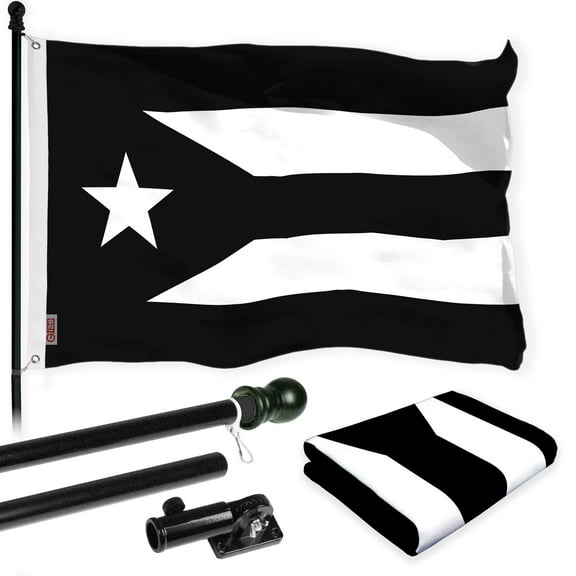 G128 Combo Pack: 6 Ft Tangle Free Aluminum Spinning Flagpole (Black) & Puerto Rico Black and White Puerto Rican PR Flag | 3x5 Ft | LiteWeave Pro Series Printed 150D Poly | Pole with Flag Included