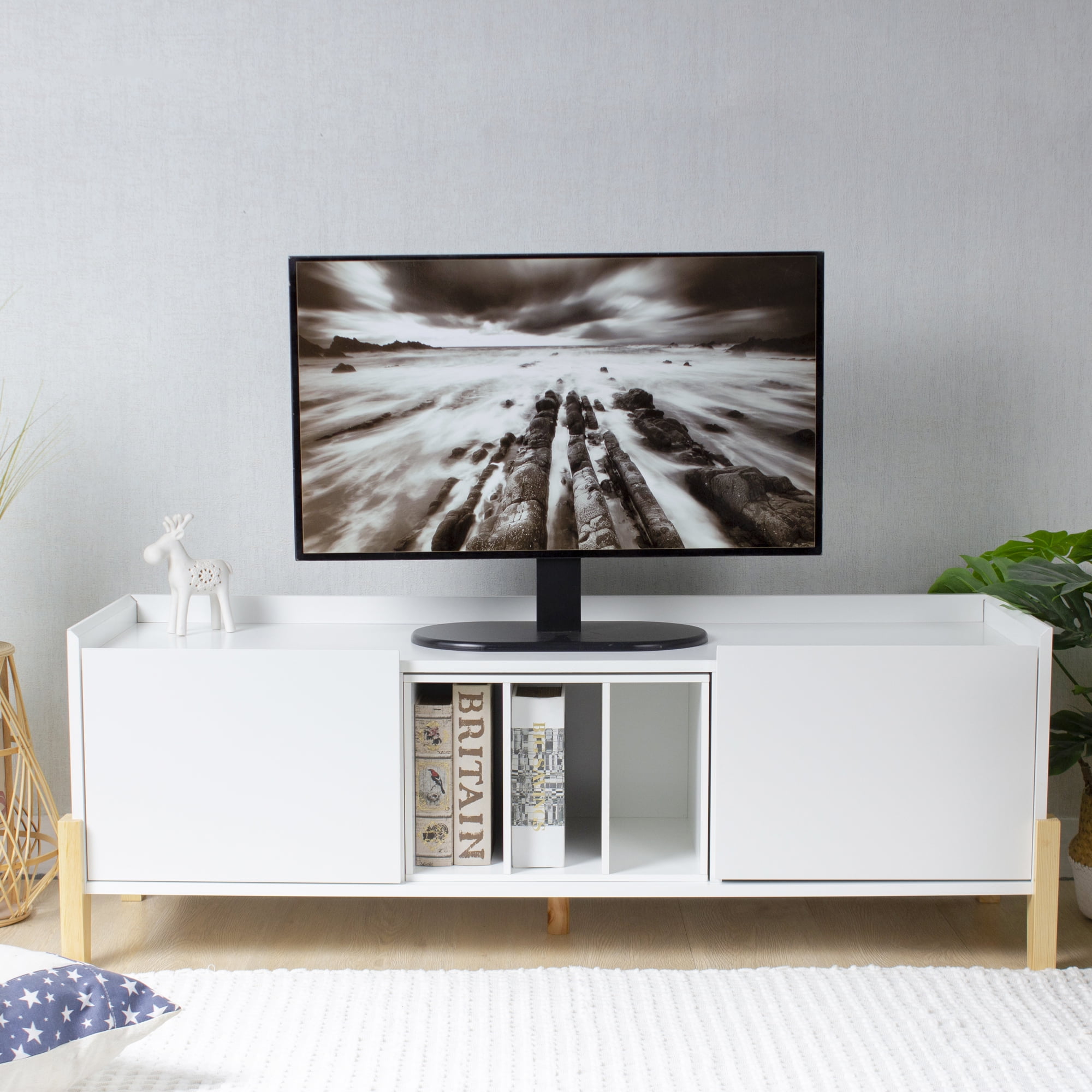 Wooden TV Stand for TVs up to 55 Inch, Media Console with 2 Cabinets and Shelves, TV Console for Living Room (White)