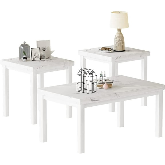 Recaceik Coffee Table Set of 3, Modern Living Room Table Set, Faux Marble Coffee Table and End Table Sets, Simple & Stylish Center Tables for Living Room Home Office Apartment Furniture