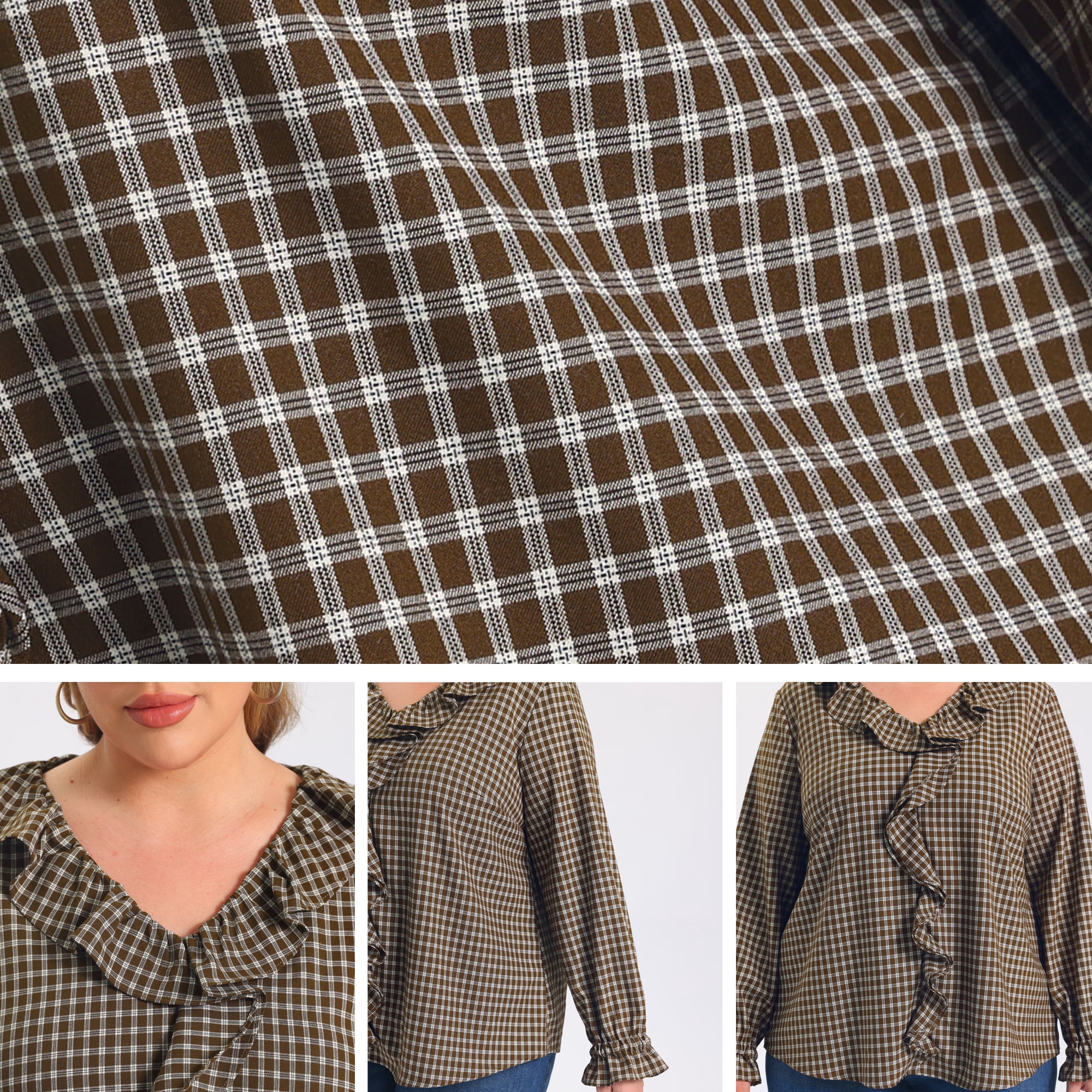 DARING DIVA Women's Plus Plaid Ruffle V Neck Lantern Tops 1X Brown
