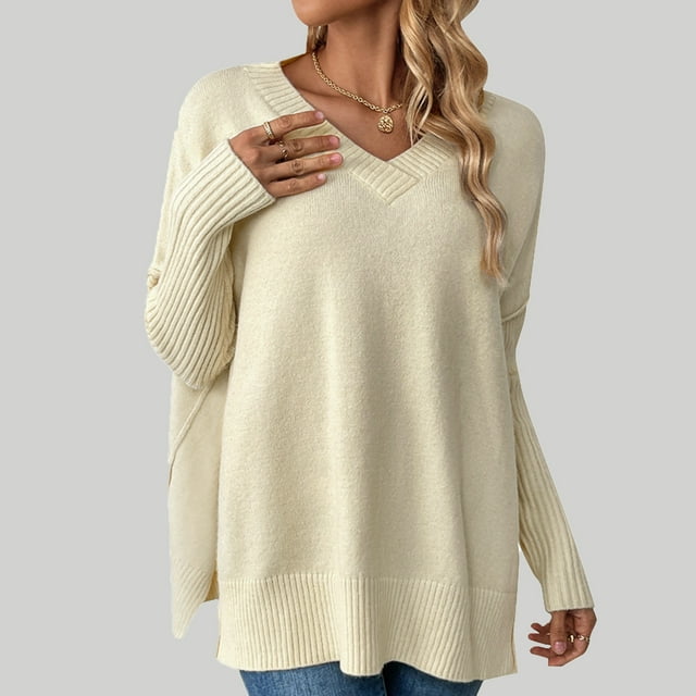 Birdeem Mode Femmes Col en V Hiver Uni Manches Longues Chandail Tops Pulls