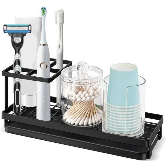 Aovky Toothbrush Holders for Bathrooms, 4 Slots Carbon Steel Toothbrush Holder with Drainage, Electric Toothbrush and Toothpaste Organizer Bathroom Accessories for Countertop, Shower, Sink, Black