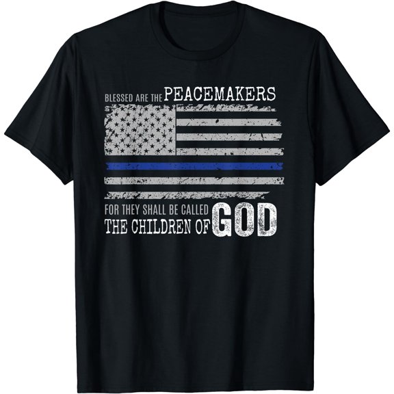 Support Police Thin Blue Line Distressed Flag Bible Verse T-Shirt Black Small