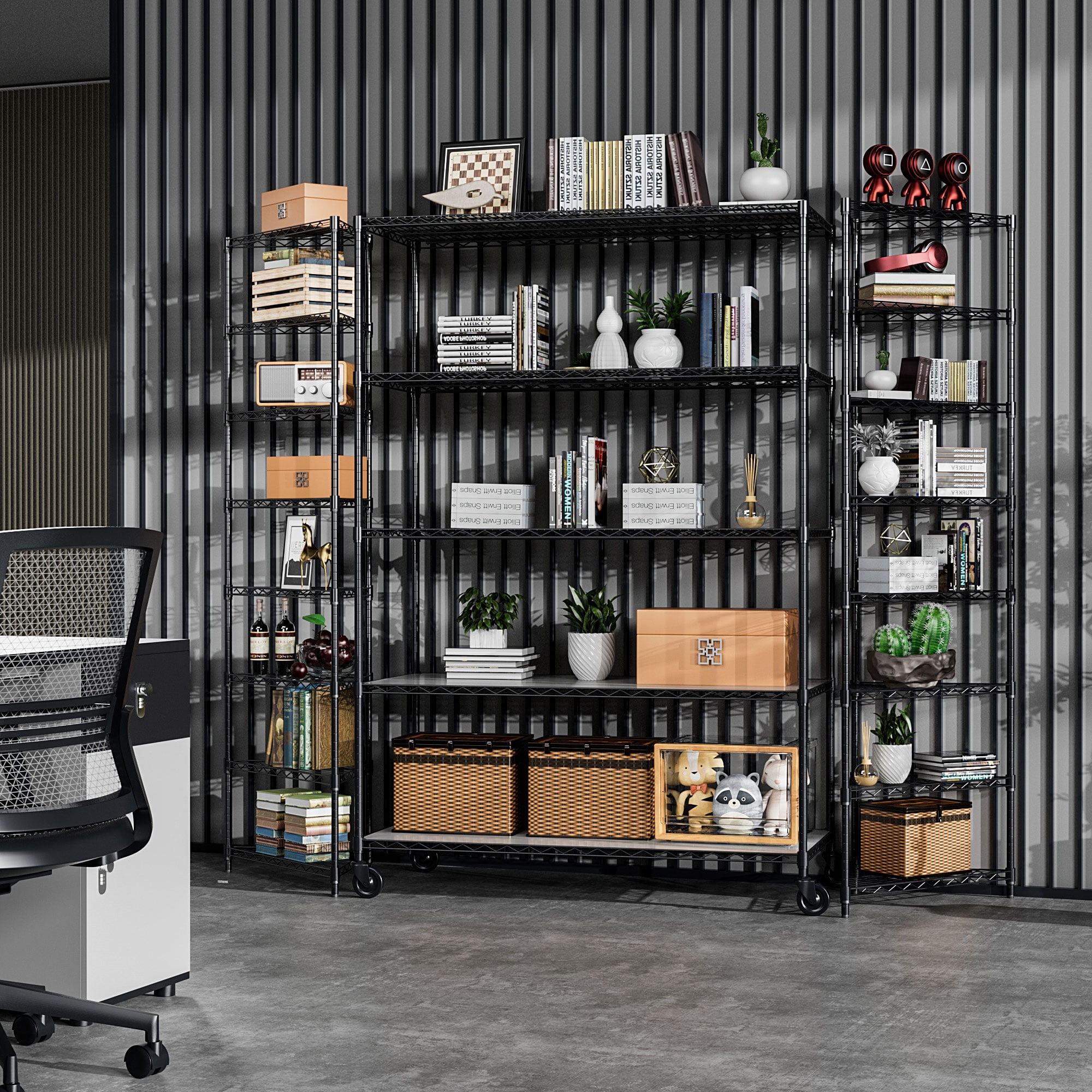 Miniyam 5 Tier 6000lbs Heavy Duty Metal Shelf Wire Shelving Unit , Adjustable Storage Rack with Wheels & Shelf Liners Commercial/Home, Black