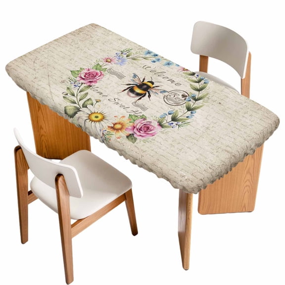 Spring Daisy Table Cloths for 6 Foot Rectangle Tables, Pink Flowers Wreath Leaves Farmhouse Vintage Patio Waterproof Elastic Fitted Tablecloths, Washable Rectangular Table Cover for Camping