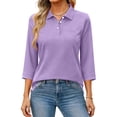 thumbnail image 3 of Women's Solid Color Polo Shirts 3/4 Sleeve Button Down Collared Shirts with Pocket Business Casual Work Tops Athletic Tennis Golf Shirt 3 Buttons Spring & Autumn Work Basic Blouse Light Purple L, 3 of 6
