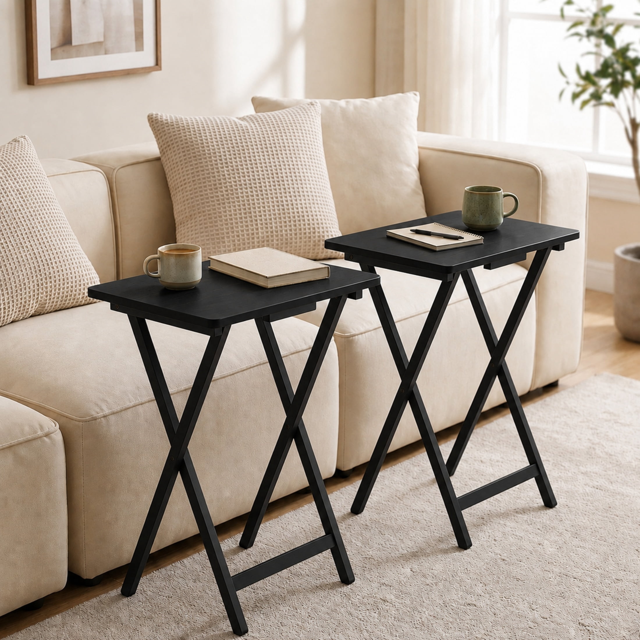 (4 pack) Mainstays Solid Rubberwood Folding TV Tray Tables, Set of 2, Black