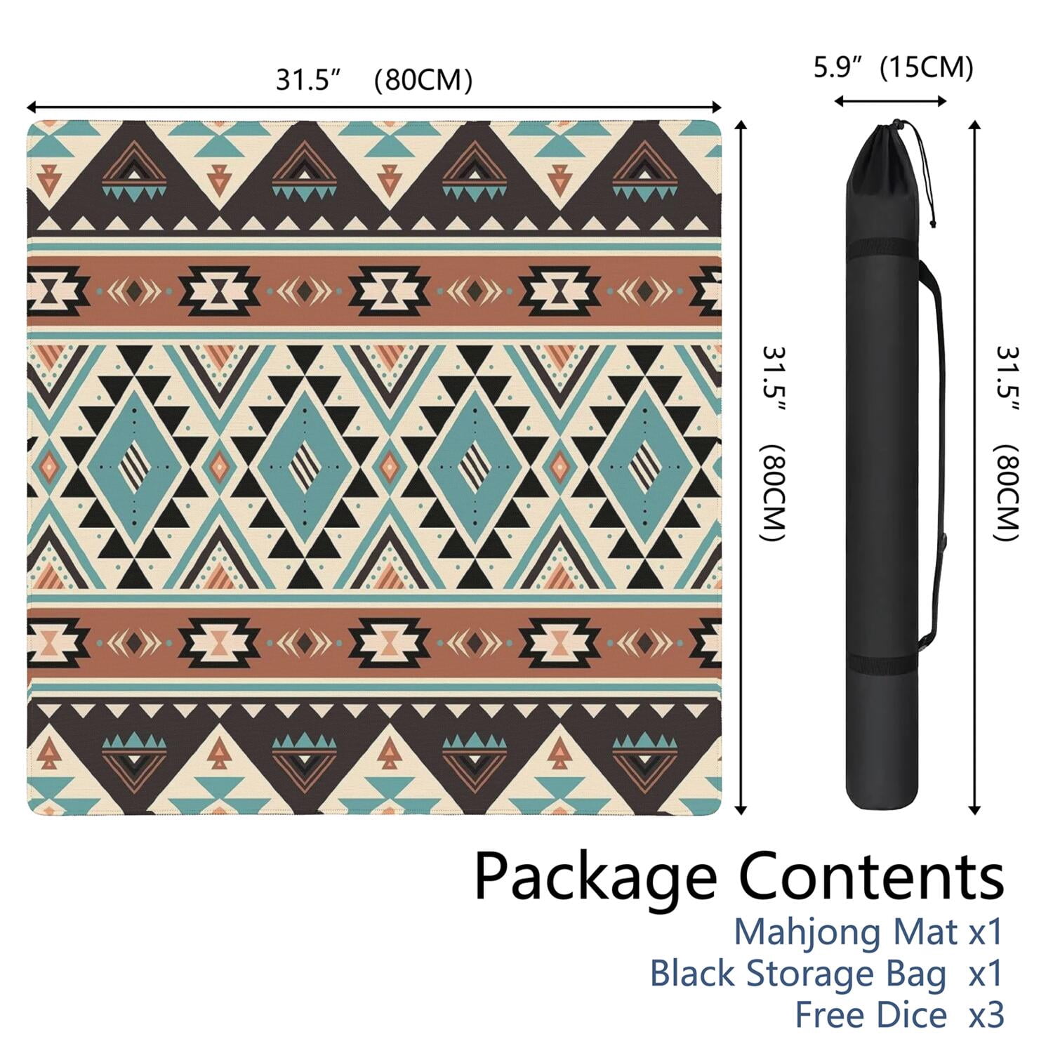 Boho Pattern Large Rubber Game Table Topper 31.5 Inch Square Mahjong Mat with Non-Skid Bottom for Stability and Noise Reduction for Tiles and Cards