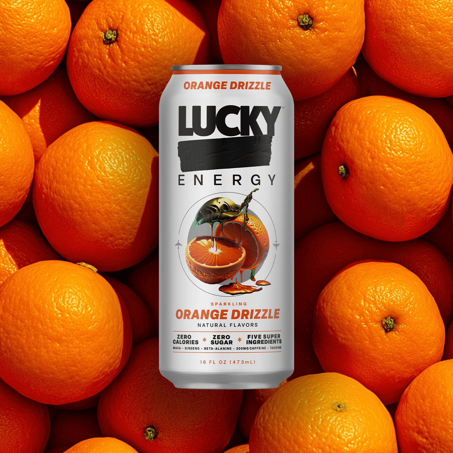 Lucky Energy Sugar Free Energy Drinks 16 fl oz Can, Orange Drizzle with Maca, Ginseng, Taurine, Beta-Alanine, 200mg Caffeine, Zero Calories