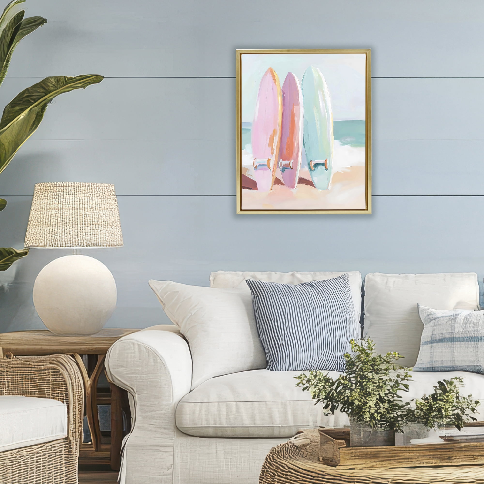 Stupell Industries Pastel Surfboards on Sandy Beach Gold Framed Floater Canvas Wall Art, design by The Prints Vibe
