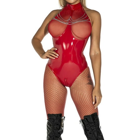 

LilyLLL Womens Wet Look Leather Bodysuit Lingerie Fishnet Babydoll Nightwear Sleepwear