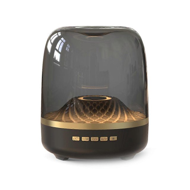 sound box bluetooth subwoofer colorful glass home high volume wireless computer speaker audience speaker Altavoz de vidrio SDEDS negro, vista frontal con cúpula de cristal ahumado y base ABS con aro dorado; rejilla interior tipo panal con luz LED, botones frontales y puertos visibles; diseño compacto con sonido 360 y "German bass" según especificaciones, incluye cable de audio y cable de carga, a menudo usado también como bocina de escritorio para reproducir música.