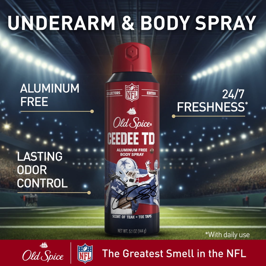 Old Spice Men's Aluminum Free Deodorant Body Spray, NFL Collection, CeeDee Lamb TD, Teak + Toe Taps, 5.1oz
