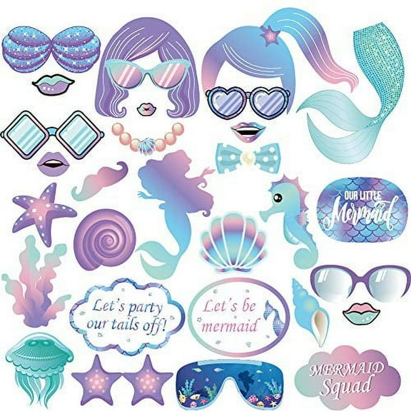 Mermaid Photo Booth Props(30CT),Let's be Mermaid,Starfish,Jellyfish,Shell,Seahorse,Dolphin Photo Booth Props with Stick for Mermaid,Under the Sea Decorations,Little Mermaid Party Supplies