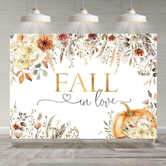 7x5FT Fall in Love Backdrop Pumpkin Bridal Shower Floral Autumn Photography Background Bridal Shower Engagement Bachelorette Party Decoration Supplies Banner Photo Booth Studio Props