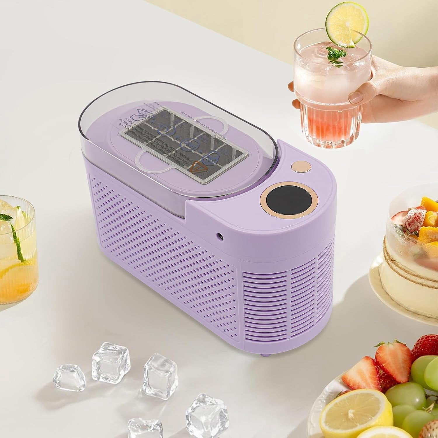 12V/AC Dual Power Quiet Compact Ice Machine with Clear Cover and Clip, Portable Small Ice Maker, Mini Ice Cube Maker Countertop, for Home Kitchen, Camping RV, Dormitory, Office (Purple)Q
