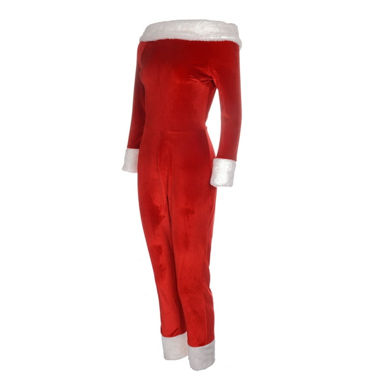 Inevnen Women Mrs Santa Claus Costume Christmas Off Shoulder Long Sleeve Velvet Jumpsuit Romper