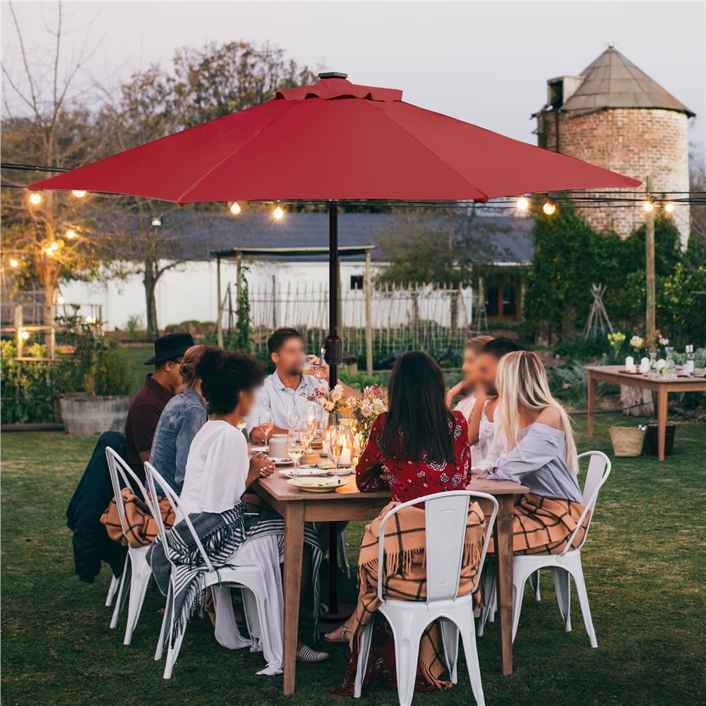 Renwick 96" Red Solid Print Octagon Market Patio Umbrellas, LED Lights