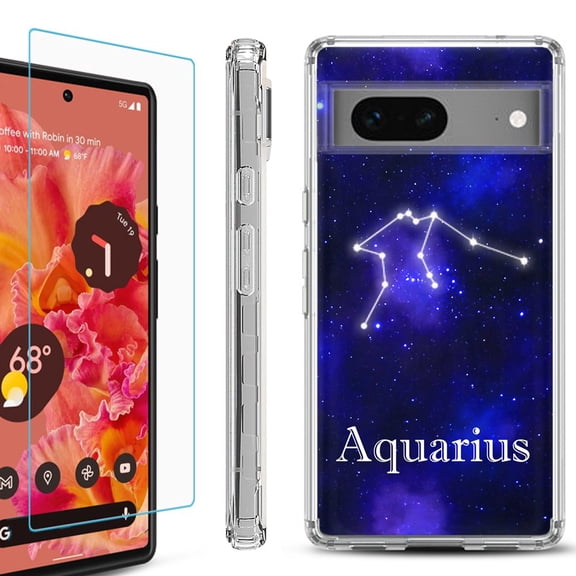 Shockproof Bumper Phone Case for Google Pixel 7, with Tempered Glass Screen Protector, by OneToughShield ® - Aquarius