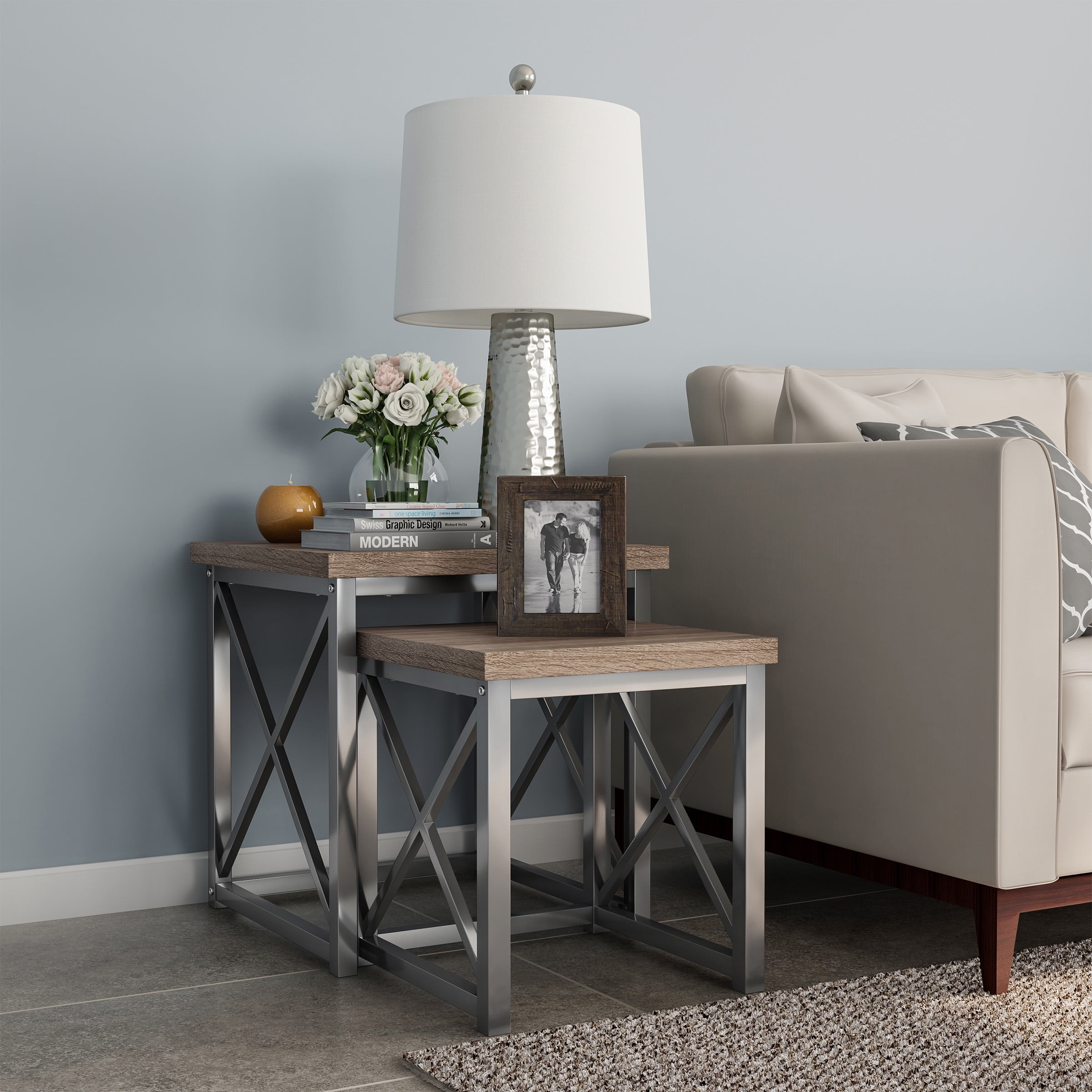 Nesting Tables-Set of 2, Modern Woodgrain Look for Living Room Coffee