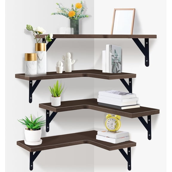 Corner Floating Shelves Set of 4,Corner Wall Shelves,Rustic Wood Wall Mounted Shelf for Home Decor, Living Room, Bedroom, Kitchen, Bathroom,Office(Brown,15.9 x 11.4 inch)