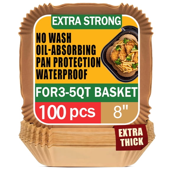 Tilnce 100 PCS Air Fryer Basket Liners 8 Inch Square Disposable Parchment Paper Non-Stick Thickened Cooking Mats for 5-8 QT XL Air Fryer