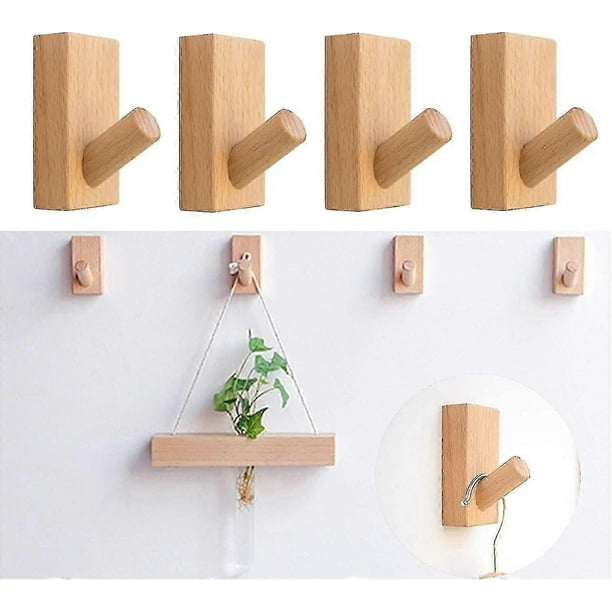 4pcs Natural Wooden Coat Hooks, Wood Wall Hooks, Adhesive Hooks Hat Hook, Rectangle Beech (q)