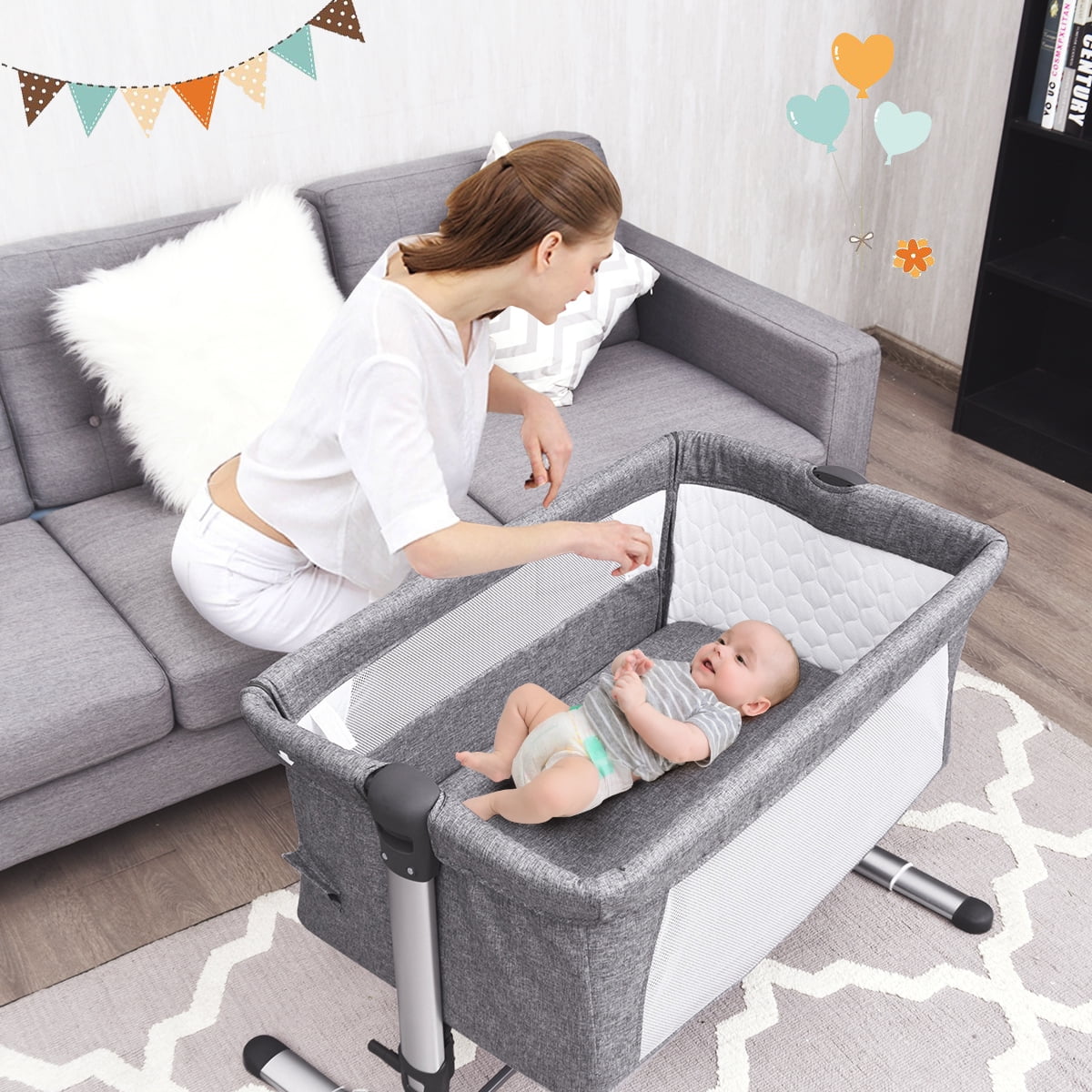 JOYMOR Baby Bassinet Sleeper with Breathable Net Height Adjustable Bedside  Cribs Gray/Beige