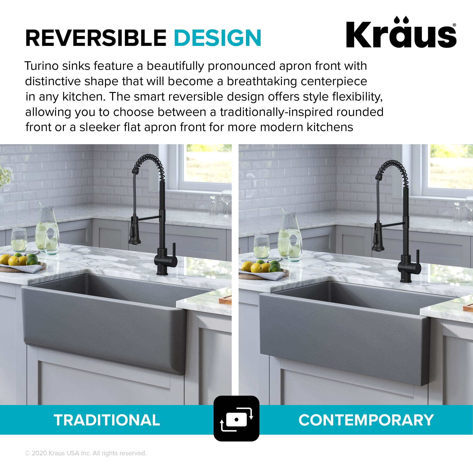 Kraus Turino 33 inch Farmhouse Reversible Apron Front Fireclay Single Bowl Kitchen Sink in Matte Grey