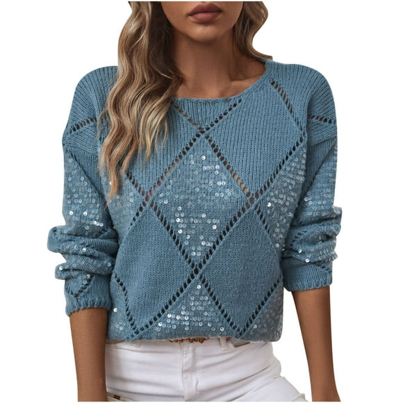 hoksml Women's Argyle Sweater with Sequins and Lace-Up Detail, Fashion Round Neck Loose Fit Knit Pullover