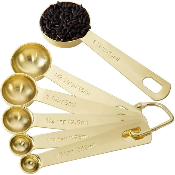 Qucyy Gold , Heavy Duty 18/8 Stainless Steel Measuring Set of 6 Piece: 1/8 tsp, 1/4 tsp, 1/2 tsp, 1 tsp, 1/2 tbsp & 1 tbsp Measuring Liquid and Dry Ingredients for Cooking Baking Gift Set C - Gold