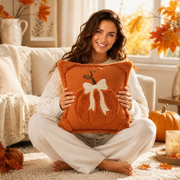 Fall Decorative Pillows, Pumpkin Throw Pillow Cover, 18x18 in Orange Plaid Knit Design, Couch Thanksgiving Decor, Ccwuwei
