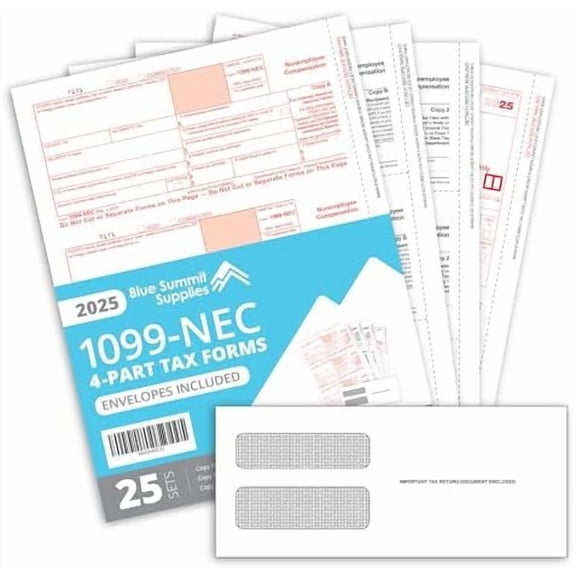 Blue Summit 1099 NEC Forms 2025 with Envelopes, 25 2025 1099 NEC Tax Forms, 4 Part Kit, Compatible with QuickBooks and Accounting Software, 25 Self Seal Envelopes with 3 1096 Included$$Office