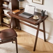 100% Natural Rubber Wood Writing Desk with Storage Drawer, Retro Walnut Finish Stable A-Frame Legs Easy Assembly Computer Table for Bedroom Study Home Office