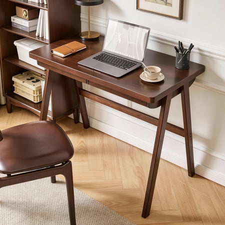 100% Natural Rubber Wood Writing Desk with Storage Drawer, Retro Walnut Finish Stable A-Frame Legs Easy Assembly Computer Table for Bedroom Study Home Office