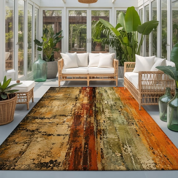Abstract Art Washable Living Room Rugs 6'x9', Terracotta Orange Textured Landscape Rustic Country Washable Throw Large Area Rug Non-Slip Sturdy Edge Binding Carpet for Dining Room Kitchen Office