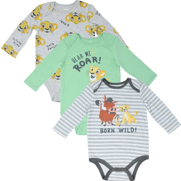 Disney Lion King Simba Timon Pumbaa Newborn Baby Boys 3 Pack Bodysuits Newborn to Infant