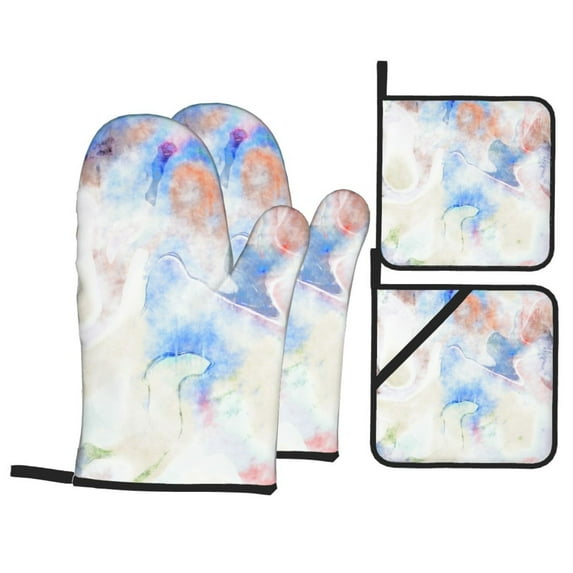 YFYANG Oven Mitts and Pot Holders Sets 4 Pieces, Non-Slip Heat Resistant Ink Watercolor Art Kitchen Glove Pot Mat for Cooking and Baking