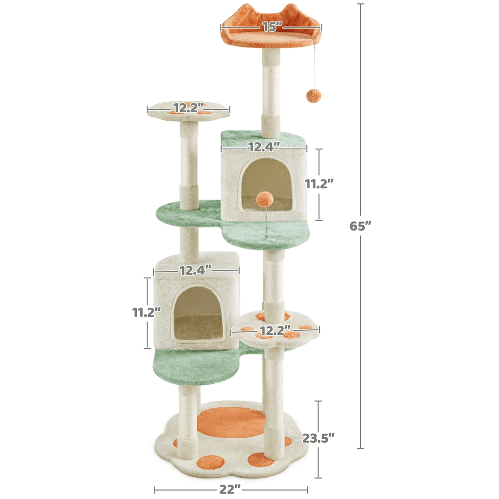Alden Design 65″ Tall Cat Tree Paw-Shaped Play Tower for Small/Medium Cats, Beige