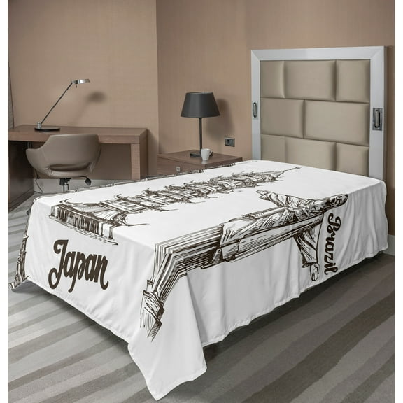 Ambesonne Travel Flat Sheet, Japanese Style Building View, TwinXL Size, Army Green