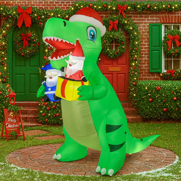 8FT Christmas Inflatable Dinosaur Decor with Santa & Gift – LED - Lit,Outdoor Decoration with Air Blower, Stakes & Ropes for Yard, Lawn Holiday Ambiance,Christmas Decor