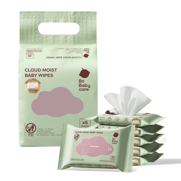 Bc Babycare Unscented Baby Wipes, 99% Water Based, Ultra Thick & Soft, 6 Pack Travel Pocket Size, Cloud Moist