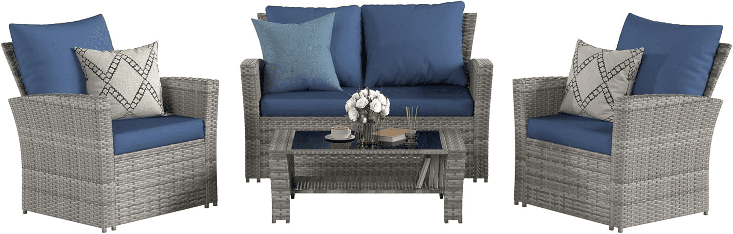 Amopatio Wicker Patio Furniture Set, 4 Piece Outdoor Sectional Conversation Sets, Gray PE Rattan Patio Sofa Set for Balcony, Porch, Backyard,Blue