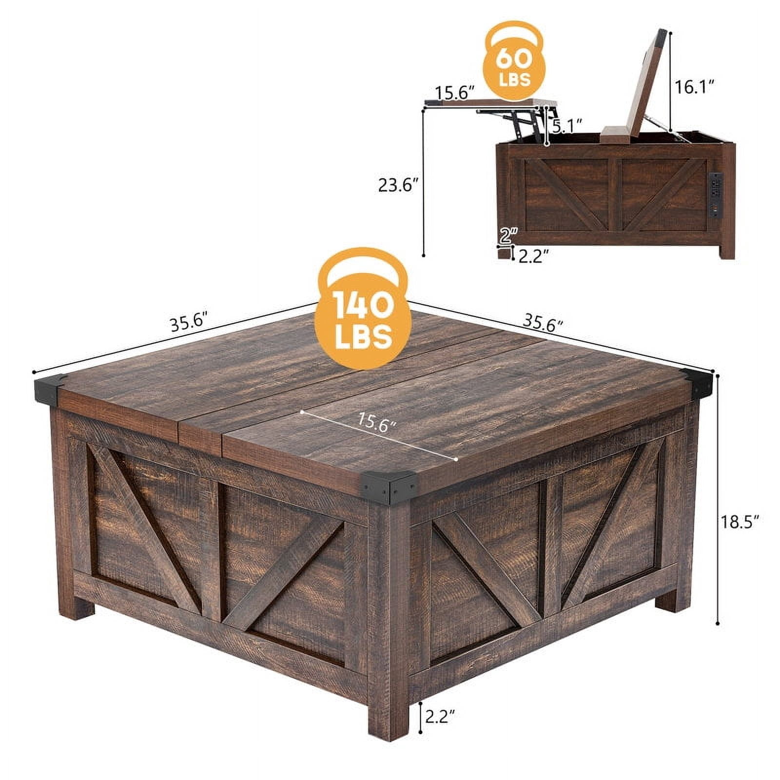 35.6" Farmhouse Lift Top Coffee Table with Charging Ports,Large Square Coffee Table with Storage, Wood Center Table w/Large Hidden Space for Living Room Home Office,Brown
